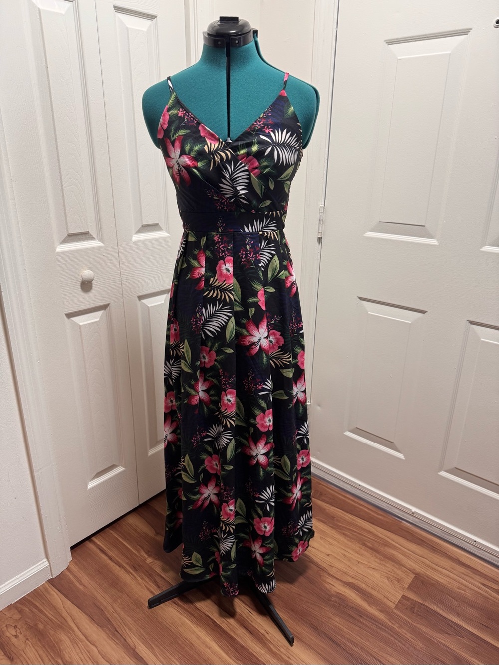 Black Maxi Dress with Pink Floral Print and Spaghetti Straps